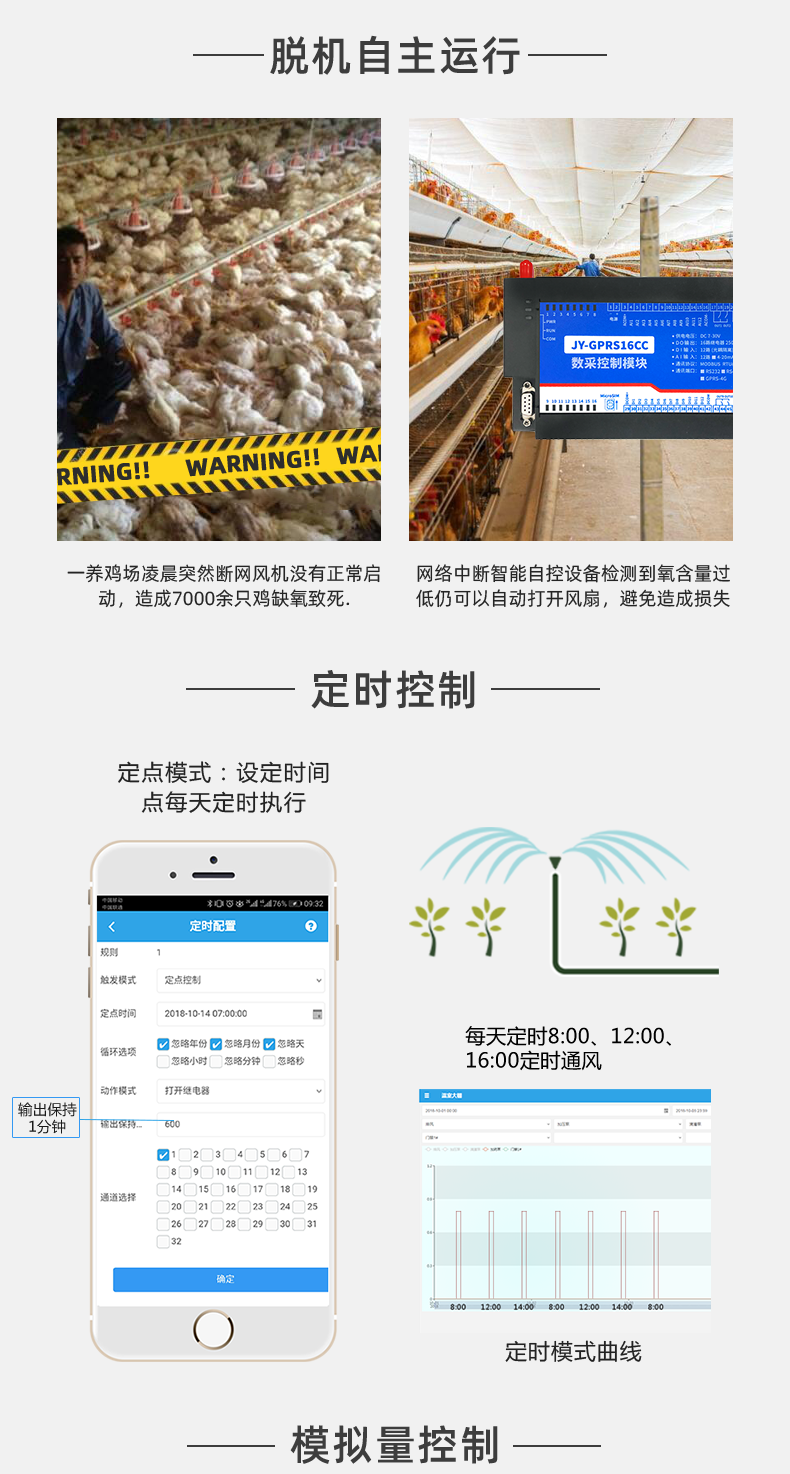 16路溫室大棚/漁業(yè)養(yǎng)殖云平臺(tái)遠(yuǎn)程監(jiān)測(cè)系統(tǒng)基礎(chǔ)版脫機(jī)自控，定時(shí)控制