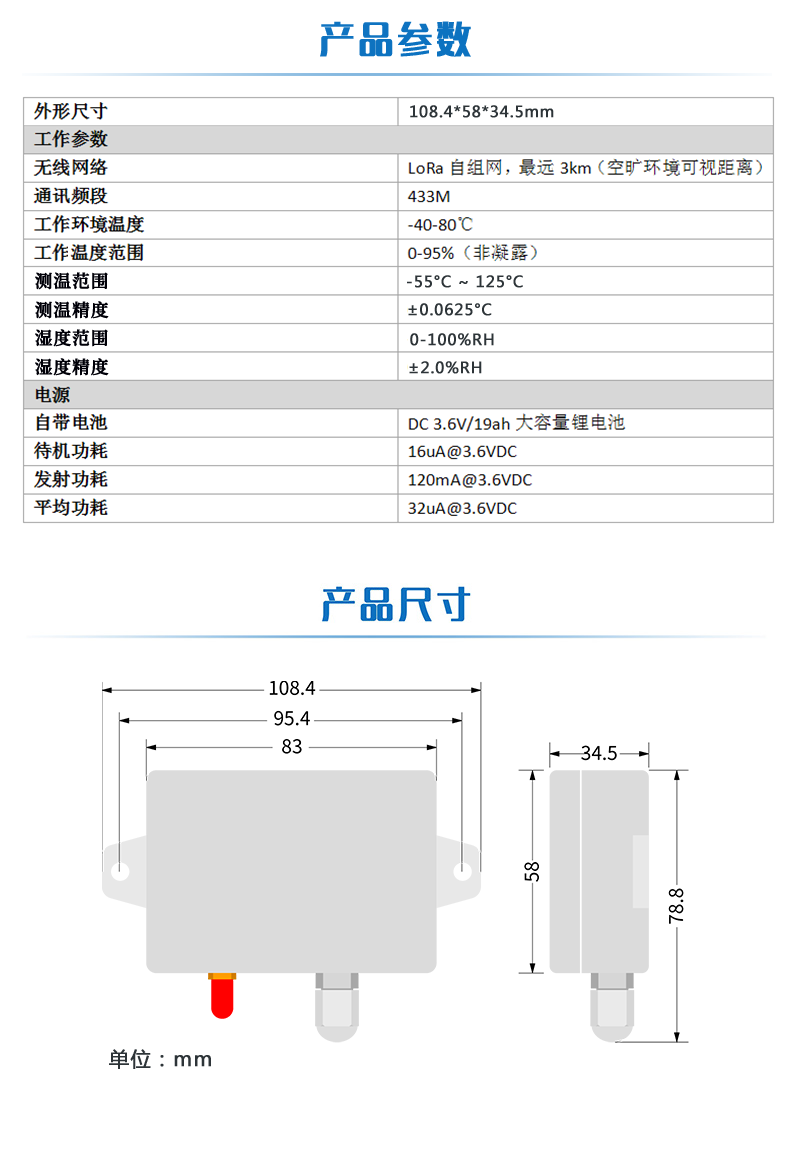 lora系列溫度/濕度采集模塊產品參數(shù)